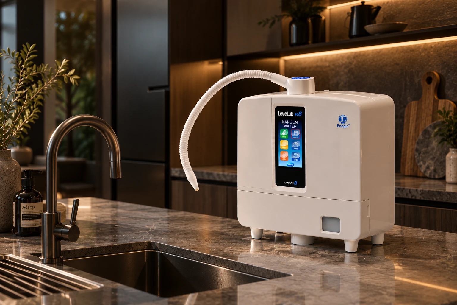 Enagic LeveLuk K8 Kangen Water machine in a modern dark kitchen