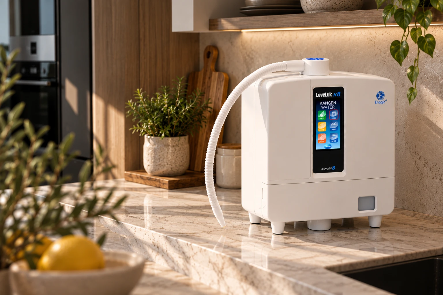 Enagic LeveLuk K8 Kangen Water machine on a marble counter with plants